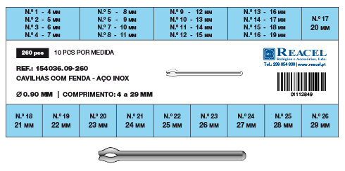 Sortido cavilhas com fenda aço inox - 0.90 mm - 260 peças