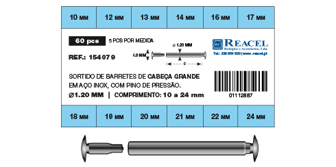 Sortido barretes cab. grande pino pressão aço - 1.20 mm - 60 peças