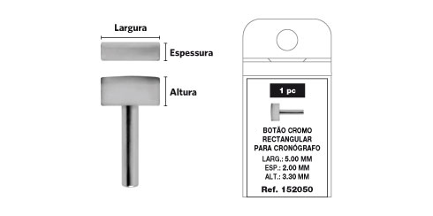 Botão cromo retangular para cronógrafo - 5.00 x 2.00 x 3.30 mm